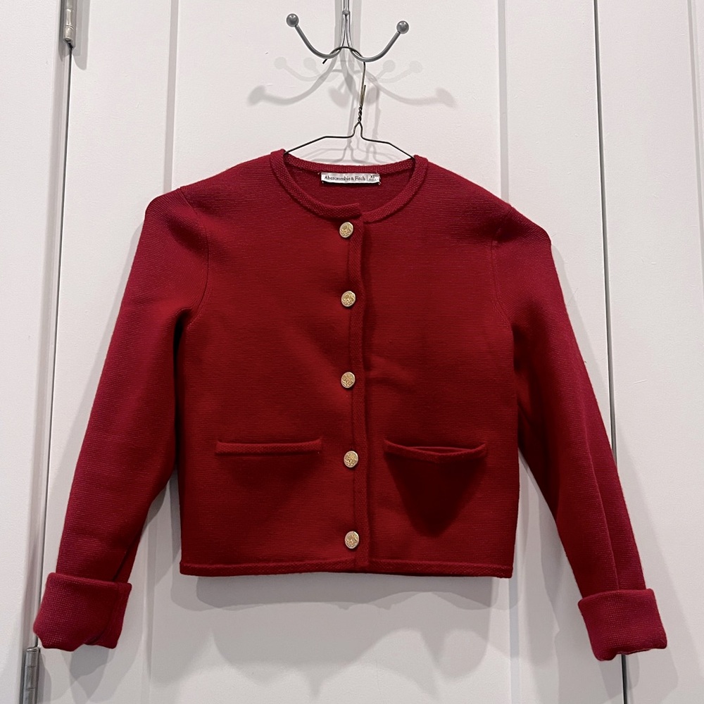 Abercrombie & Fitch Cropped Red Knit Crew Neck Cardigan Sweater (Size XS)